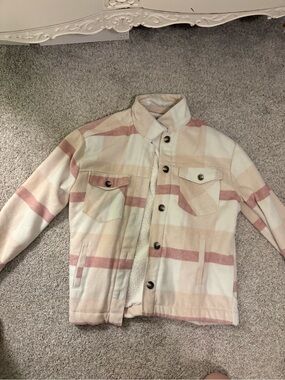 Papaya Cream and Blush Plaid Sherpa-Lined Jacket